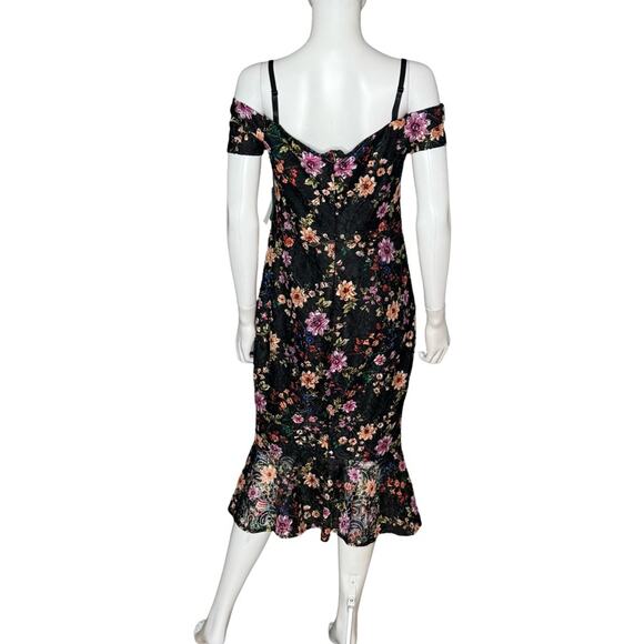 GUESS Off-The-Shoulder Lace Midi Dress Black Multi Floral Women’s NWT - Picture 4 of 10
